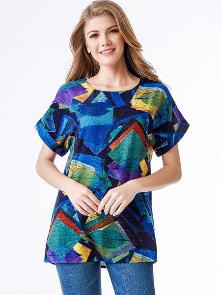 

Plus size Dresses 5807# Cotton Hemp National Style Round Ne Short Sleeve T-shirt Loose Large Top Wear, 5807 blue