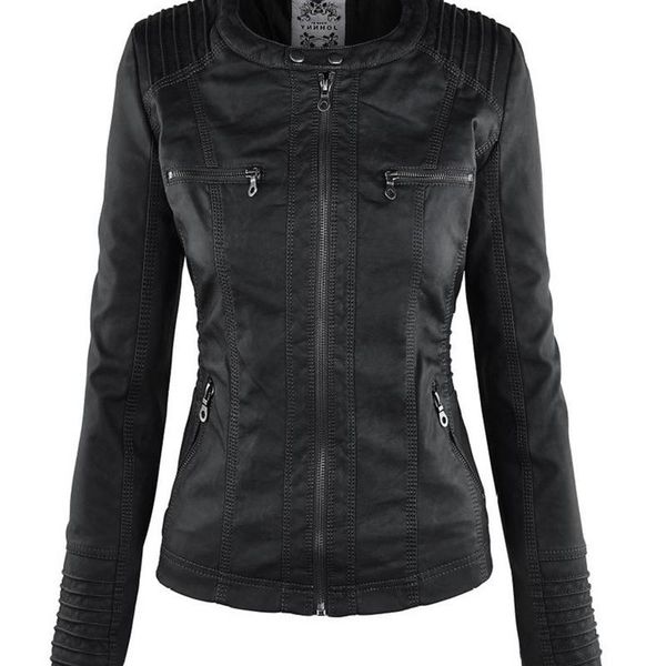 

women's leather & faux detachable lapel long sleeve solid zipper jacket, Black