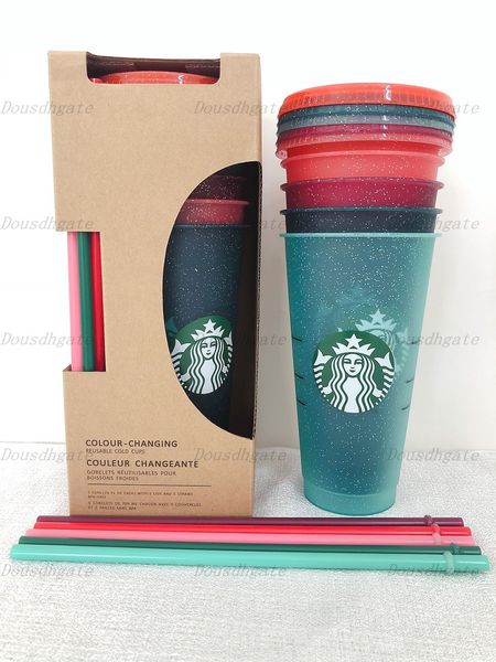 

The mermaid Starbucks plastic cup flash cup 24OZ/710ML transparent color changing cup plastic beverage juice with lip straw magic coffee custom 50pcs Mug DHL 1, Write color after purchase
