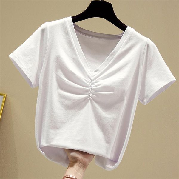 

women's t-shirt brand quality 95% cotton women v-neck fashion design slim soild t-shirts girl tees short sleeve t shirt, White