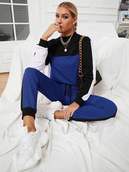 

colorblock mock neck sweatshirt & sweatpants k68z#, White