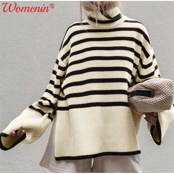 

oversized striped slit's turtleneck sweater loose casual pullover women autumn winter ins fashion warm knit bottom 211215, White;black