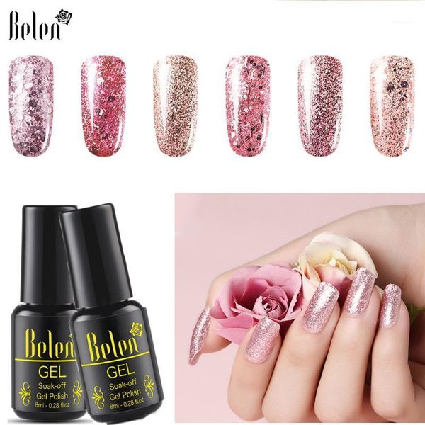

belen 8ml rose gold diamond glitter nude pink uv gel nail polish led lamp varnish shine shimmer lacquer esmalte for manicure art1, Red;pink