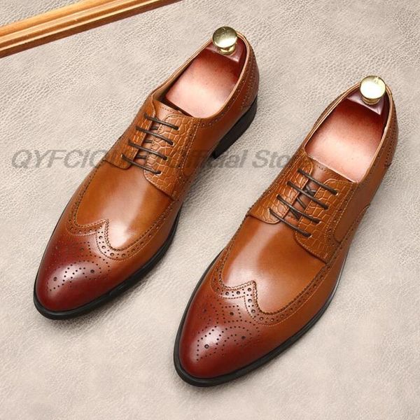 

solid color men handmade shoes genuine leather pointed toe mens brogue oxford shoes lace up dress shoes business wedding formal, Black
