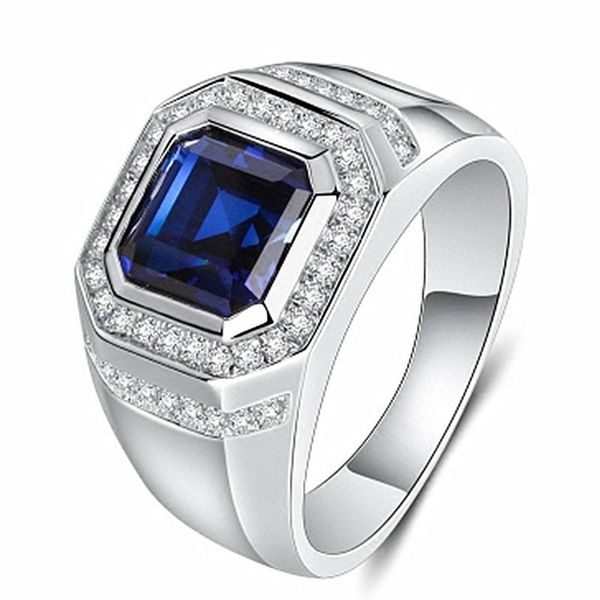 

cluster rings classical fashion square blue crystal sapphire gemstones diamonds for men white gold silver color bague jewelry accessory, Golden;silver