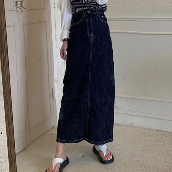 

denim skirt woman long jeans split high waist skirts womens 2021 women washed jupe femme black blue