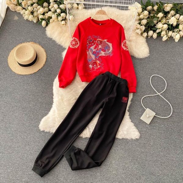 

women's two piece pants amolapha women casual autumn plus size tracksuit sets o-neck long sleeve heavy embroidery +elastic waist sport, White