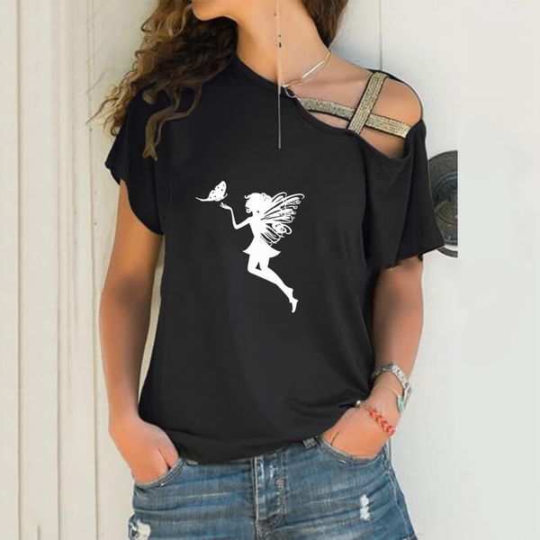 

women's t-shirt fairy butterfly print loose women irregular tshirt lover gift punk harajuku skew neck cross bandage, White