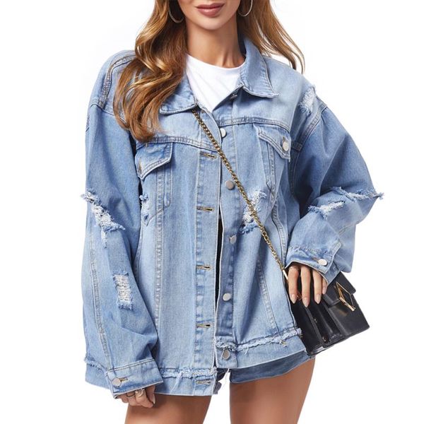 

women's jackets women denim jacket streetwear frayed hole long sleeve turn-down neck ladies casual jeans coat single breasted cowboy ou, Black;brown