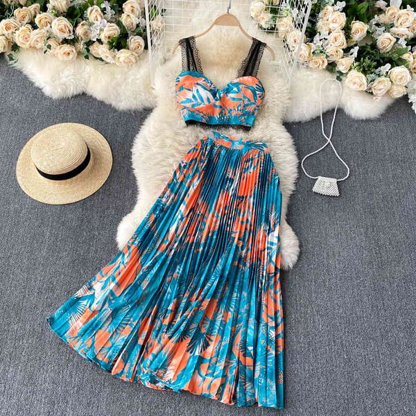 Summer Sexy Chiffon Saia Longa Sundress Férias Senhoras Lace Tubo Mulher Top Cintura Alta Cintura Plissada Duas Peças Conjuntos Feminino 210514