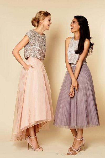 

bridesmaid dress 2021 tutu skirts dresses sparkly two pieces sequins vintage tea length prom wedding party maid of honor, White;pink