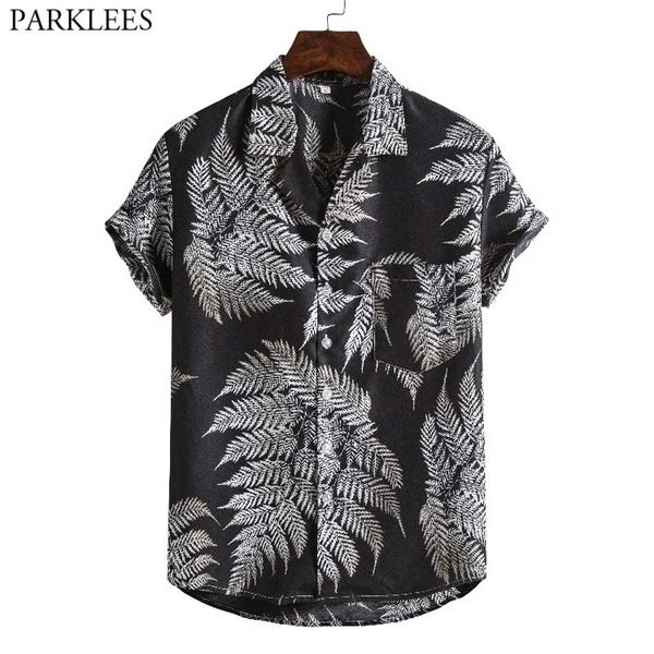 

men's holiday casual short sleeve hawaiian shirt short sleeve leaves print tropical aloha black shirt seaside beach wear chemise 210522, White;black