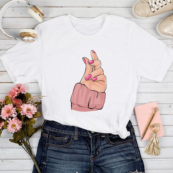 

women's t-shirt t-shirts women 2021 short sleeve 90s trend finger nail art fashion tshirt lady print clothes stylish sweet tee, White