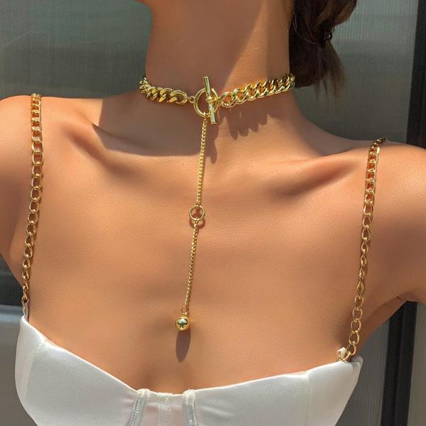 

vintage thick chain toggle clasp gold necklaces for women minimalist long pendant choker necklace punk jewelry, Silver