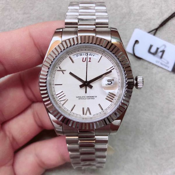 

40mm white dial president mens watch resistant scratch sapphire crystal watches automatic mechanical roman numeral hour marker wristwatches, Slivery;brown