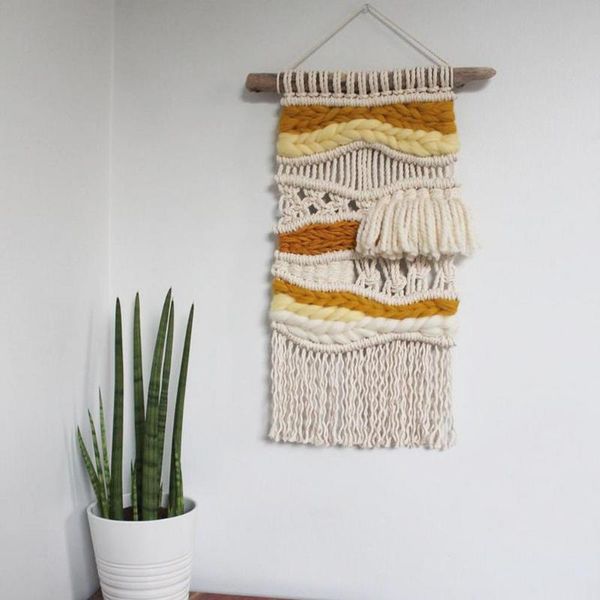 

tapestries splicing woven tapestry bohemian nordic style tassel wall hanging decoration home homestay living room wooden ornament