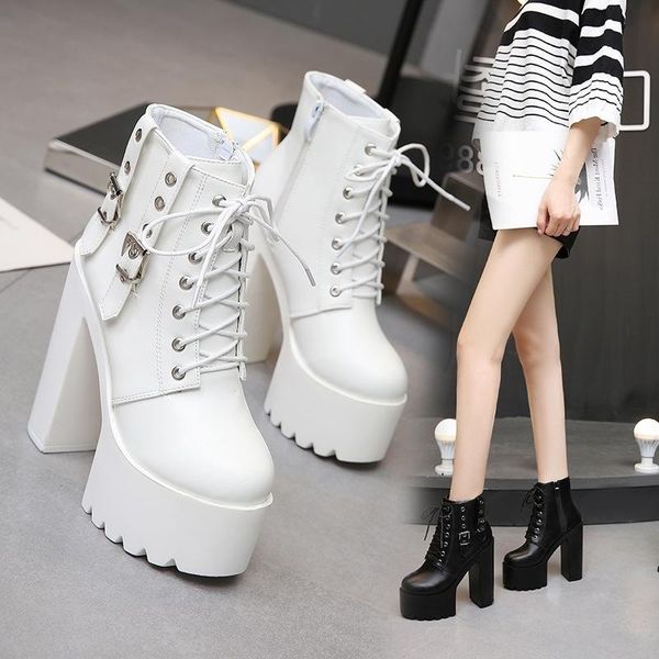 

boots 14cm white heel short muffin lace up women's shoes show thick, Black