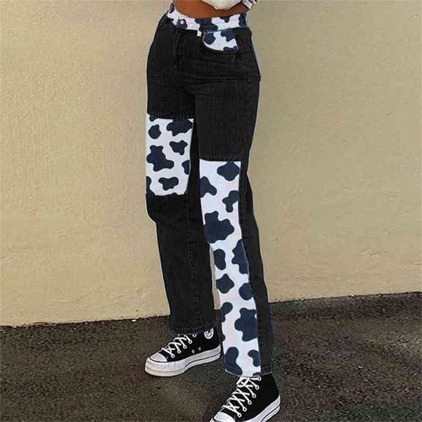 Лоскутное молоко корова черные женские широкие джинсовые брюки моды парень мама джинсы для девочек высокая талия большие размеры синие дниры 210510