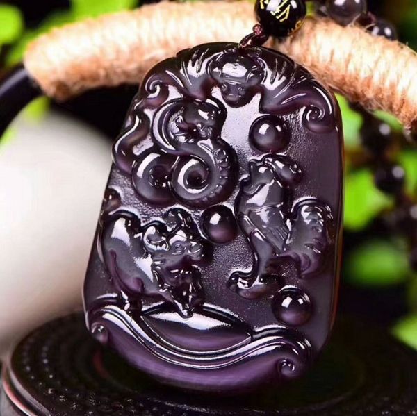 

evil spirit accessories strands mascot zodiac snake chicken cow triad noble natural obsidian pendant necklace, Black