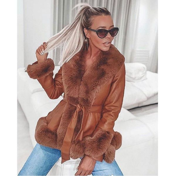 

women's leather & faux jeyzy pu jackets women fashion tie belt waist short coats elegant side pockets fur female ladies, Black