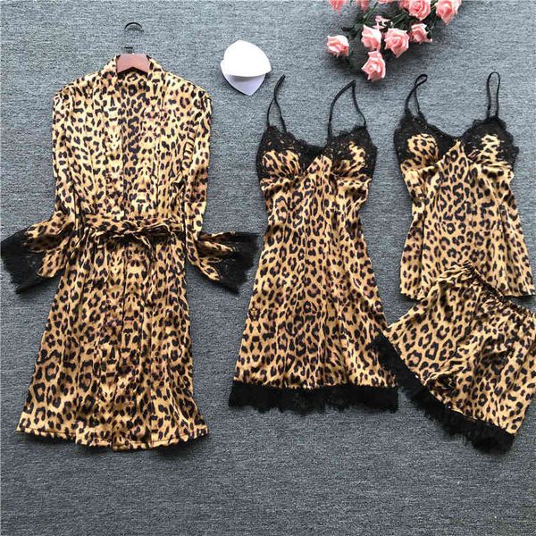 

pyjamas 4 pcs leopard lace women robe set cardigan+nightdress+shorts fashion sleepwear xdh6, Black;white