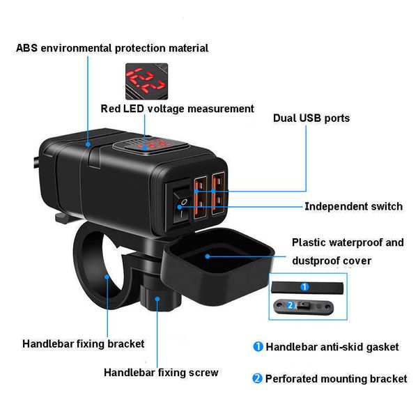 Şarj USB SAE Voltmetre Motosiklet Ile Adaptöre Hızlı Bağlantı Kesme Fiş Akıllı Telefon Tablet GPS Için Fiş Su Geçirmez Çift Şarj