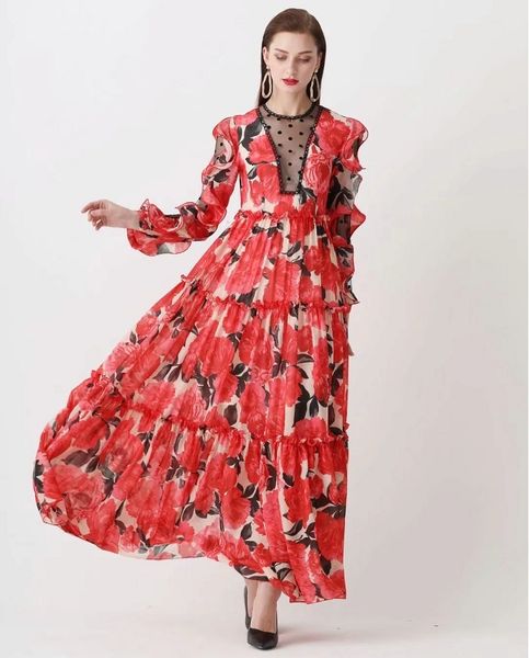 

dresses plus size clothing summer long women sheer polka dot print red flower patterns long sleeve floor-length, Black;gray