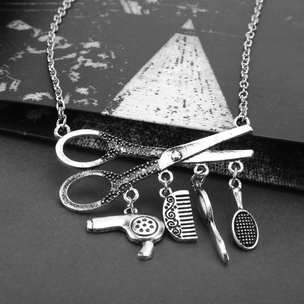 

fashion barber hair dryer scissors comb pendant necklaces for men chain pendants women necklace cool boy jewelry chains, Silver