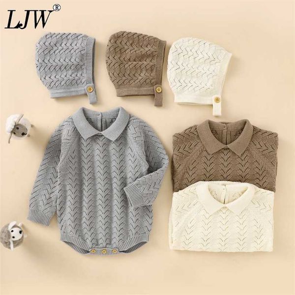 

born baby fall/winter lapel hollow knitted sweater romper long sleeve jumpsuit + cap two-piece set baby winter clothes 211011, Blue