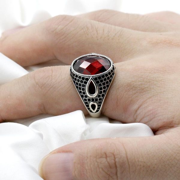 

red cubic zircon men women ring 925 sterling silver with black cz water drop design vintage turkish style male jewelry cluster rings, Golden;silver