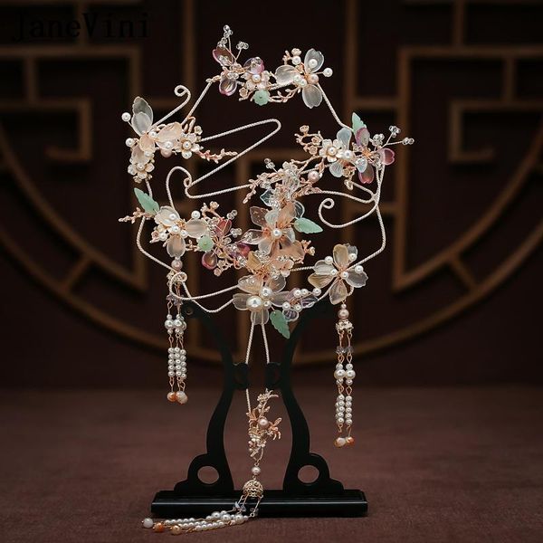 

wedding flowers janevini luxury chinese bouquet fan type artificial 3d pearls tassels metal hollow bride accessories