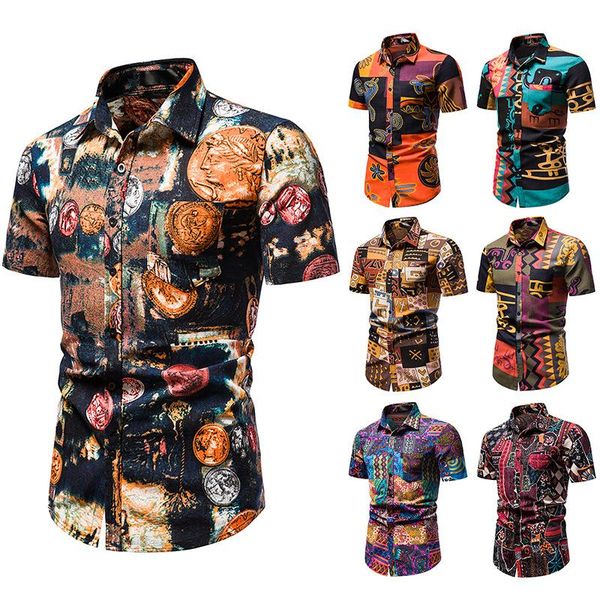 

men's casual shirts hawaiian lapel short beach paisley shirt, White;black