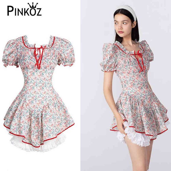 

lolita floral printed victorian vintage lace up slim sweet cute mini dresses for women young girl 2 pieces vestidos 210421, Black;gray