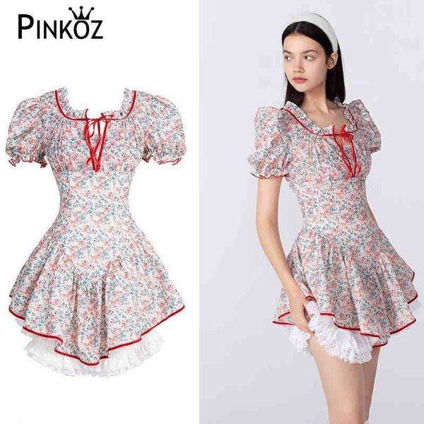 Lolita floral bedruckte viktorianische Vintage-Schnürung schlanke süße süße Minikleider für Frauen junges Mädchen 2 Stück Vestidos 210421