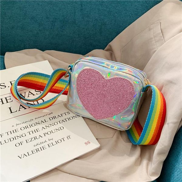 

cute children's mini crossbody bag pu leather rainbow love girls princess coin purse baby kids shoulder small square bags, White