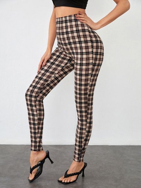 

tartan print skinny pants l7ci#, Black;white