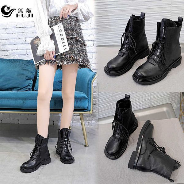 

straight british motorcycle high middle tube women's soft leather heel thick soled martin boots, Black