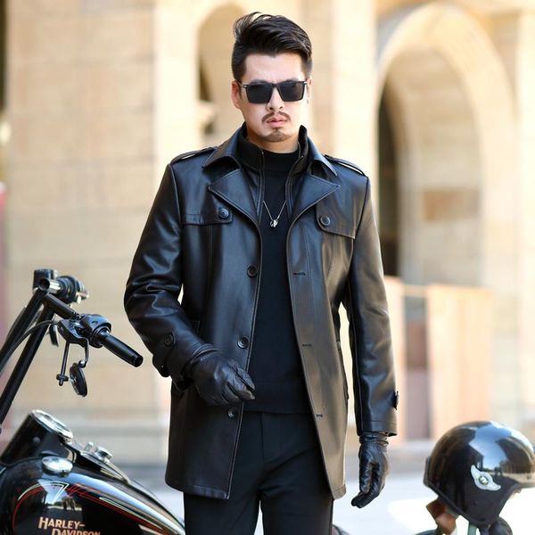 

men's fur & faux 2021 leather jacket men coats youth lapel brand pu outerwear business winter male fleece, Black