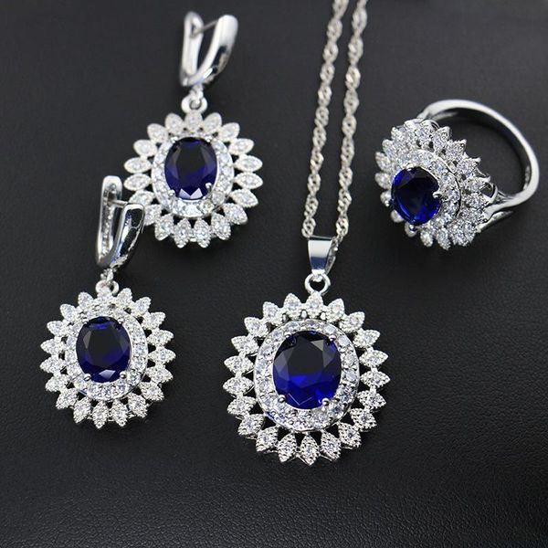 

earrings & necklace gzjy women multicolor blue crystal jewelry sets 925 sterling silver stud pendant ring wedding bridal party