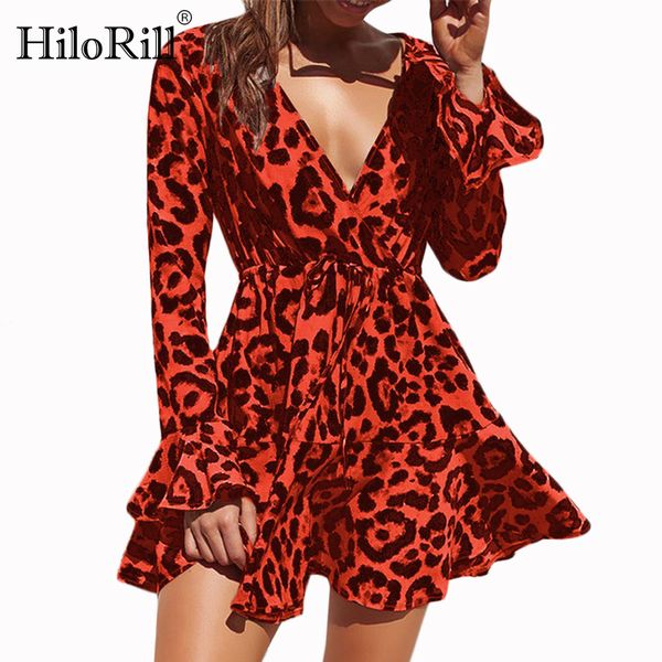 

leopard dress women summer a-line ruffles flare sleeve v-neck mini wrap party es vestidos verano 210508, Black;gray