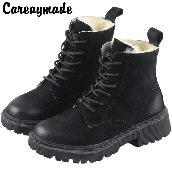 

boots careaymade-handmade genuine leather short women winter plush cotton thick bottom sheepskin one-piece casual, Black