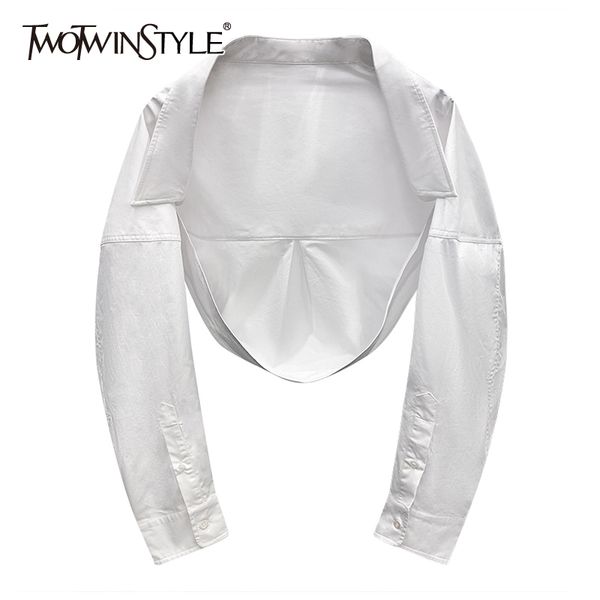 

white short minimalist shirts for women lapel long sleeve irregular hem casual slim blouses female summer tide 210423
