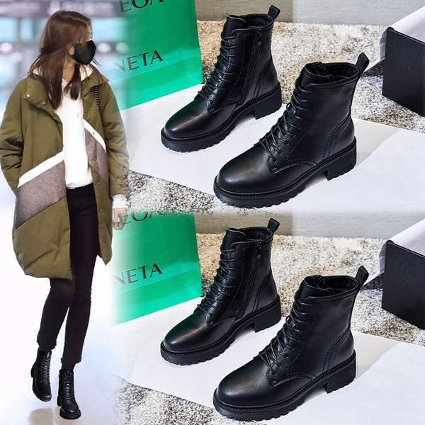 

leather platform martin boots autumn and winter new ladies shoes mid-tube british style short plus cashmere women's, Black
