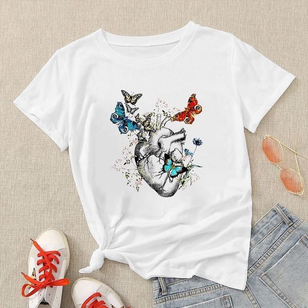 

aesthetic and womens fashion men t shirts short sleeve round neck butterfly heart printing shirt casual white s xxxl, White;black