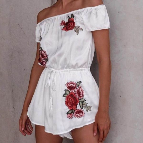 

women's jumpsuits & rompers summer off shoulder floral jumpsuit romper women high waist beach playsuit chiffon overalls, Black;white