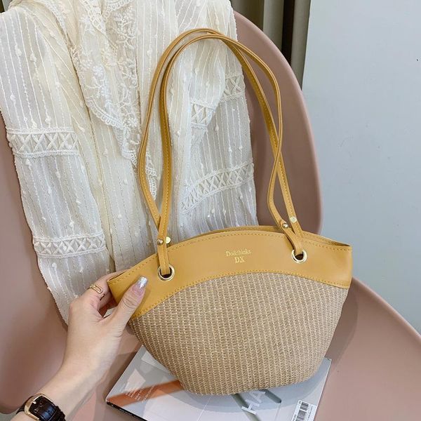 

evening bags casual handmade straw pu leather shoulder shell for women large capacity handbags ladies woven beach totes