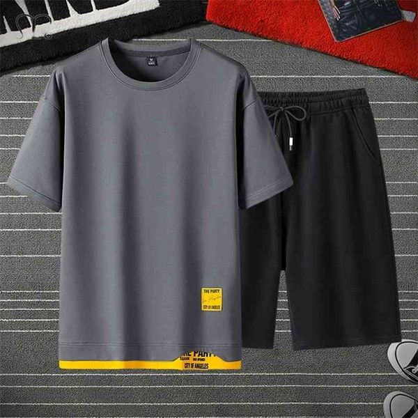 

casual men's sportswear clothing summer men suit fashion fitness sportssuit short sleeve t-shirt+shorts 2 pcs tracksuit male set 210722, Gray