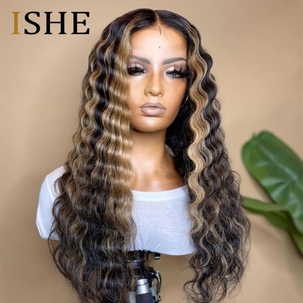 

lace wigs colored human hair 30 inch front wig highlight deep wave for women pre plucked t part ishe, Black;brown
