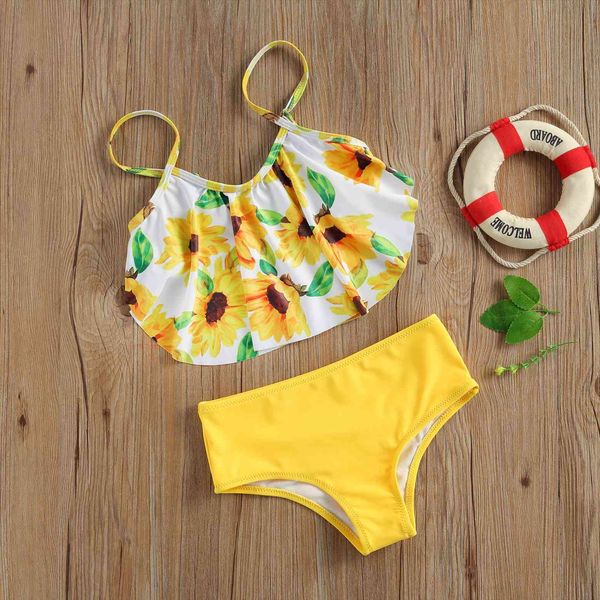 

6 12y toddler kids girls bikini sets 2pcs flowers printed ruffles strapless vest shorts swimsuits, White