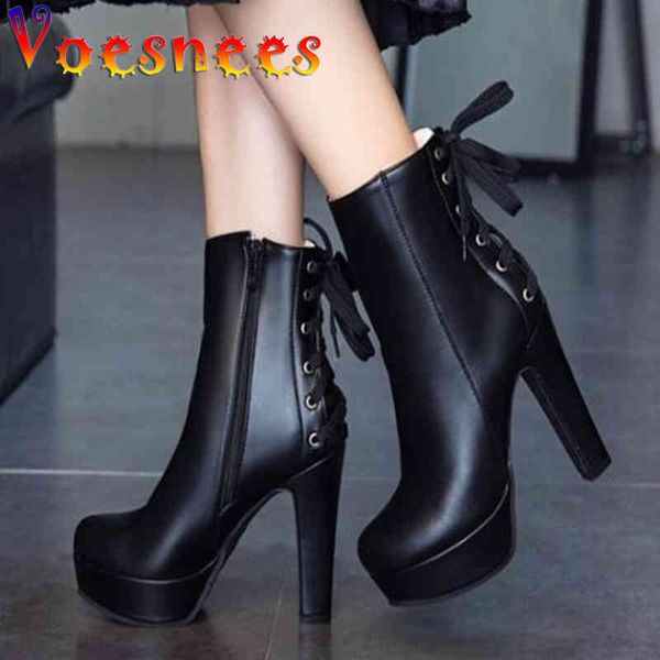 

back lace-up martin boots women spring autumn side zipper chunky heel high heels 12cm round toe thick bottom ladies shoes 210514, Black
